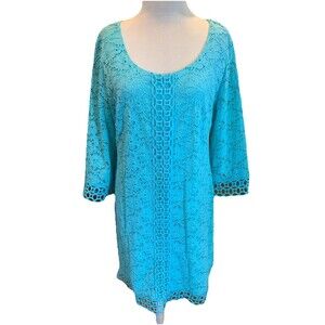 Alfani Teal Lace Shift Dress Sz XL Lined 3/4 Sleeves Wedding Guest Garden Party